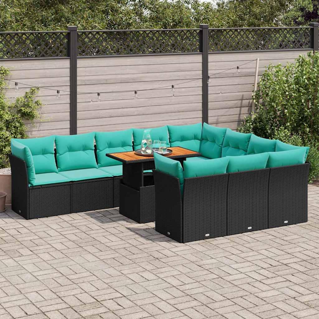 Sofasæt til haven i polyrattan - 11 dele med hynder, sort/blå