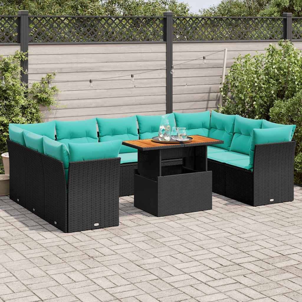 Havesofasæt i polyrattan - 10 dele med hynder, sort