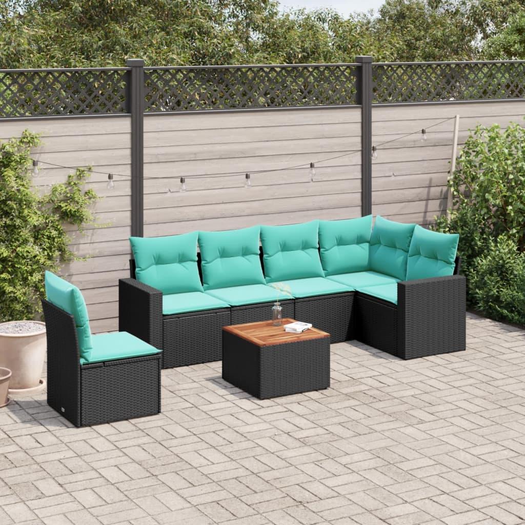 Havesofasæt i polyrattan - 7 dele med hynder og opbevaring, sort