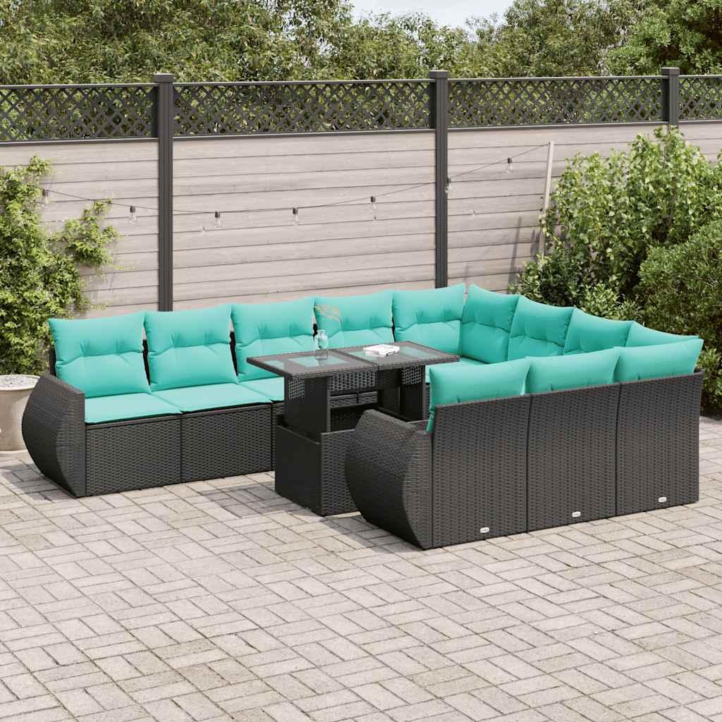 Sofasæt til haven 11 dele med hynder i polyrattan og akacietræ sort/blå