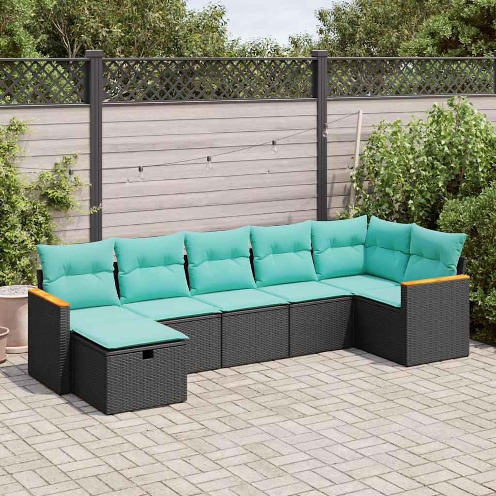 Sofasæt til haven i polyrattan - 7 dele med hynder, sort/blå