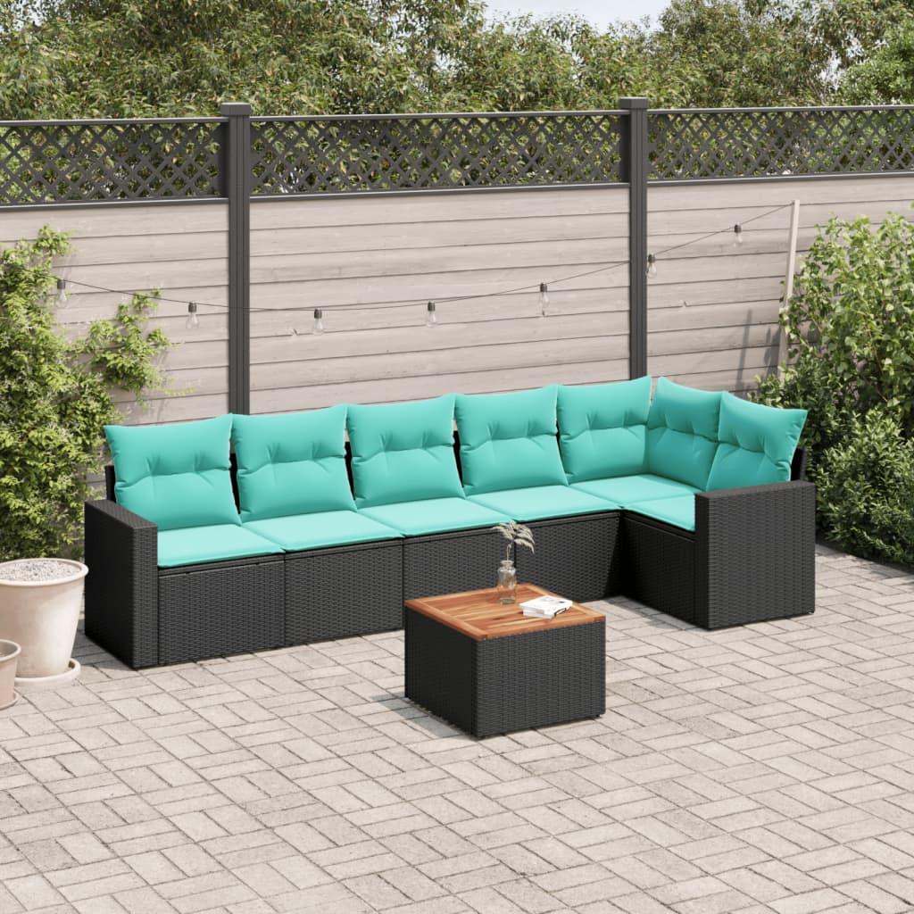 Sofasæt til haven i polyrattan - 7 dele med opbevaring, sort med blå hynder