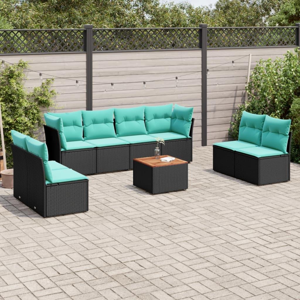 Sofasæt til haven 9 dele med hynder i polyrattan - sort/blå