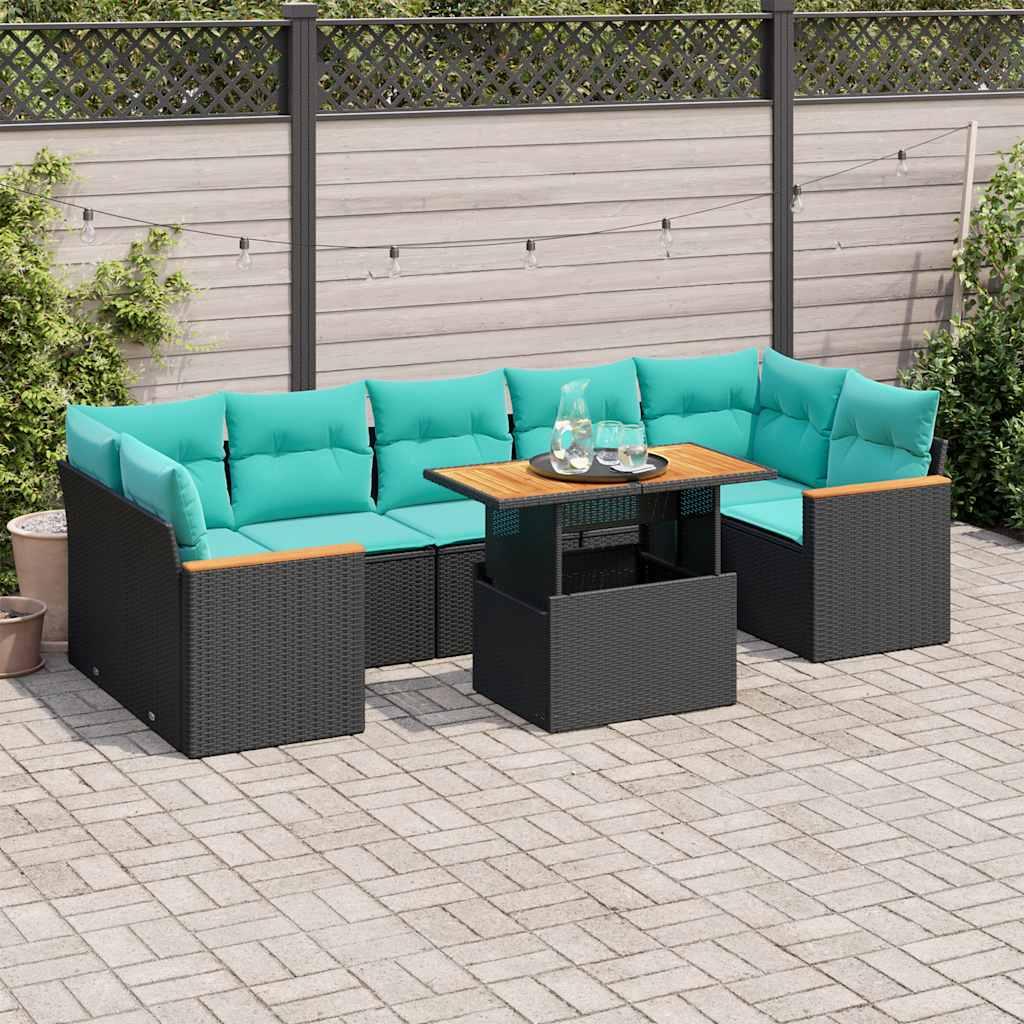 Havesofasæt i polyrattan - 8 dele med hynder, sort/blå