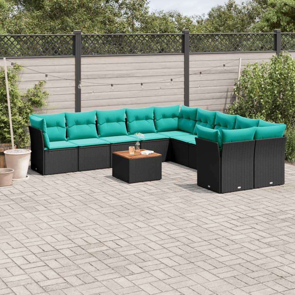 Havesofasæt i polyrattan - 11 dele med hynder og bord, sort/blå