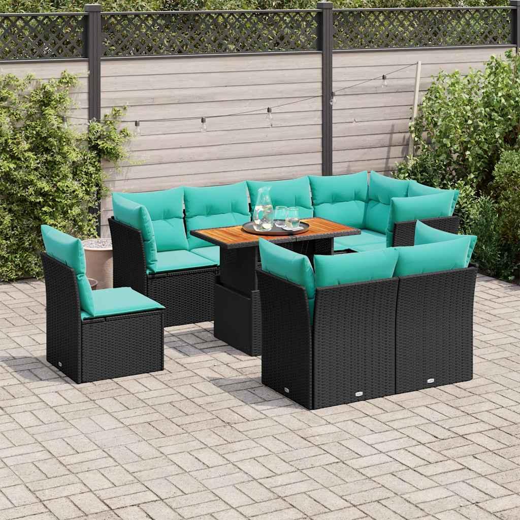 Sofasæt til haven i polyrattan - 9 dele med blå hynder, sort