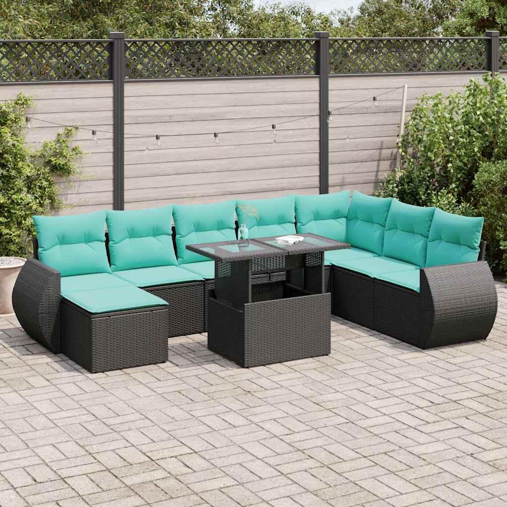 Sofasæt til haven 9 dele med hynder, polyrattan og akacietræ-look - sort/blå