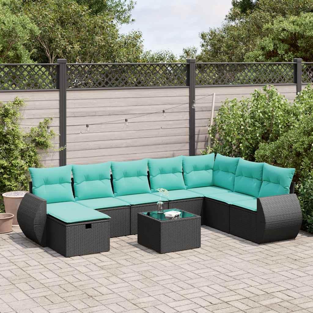 Sofasæt til haven i polyrattan - 9 dele, sort med blå hynder