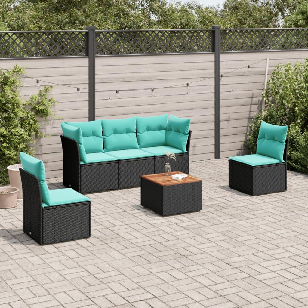 Sofasæt til haven - 6 dele i sort polyrattan med blå hynder og opbevaring