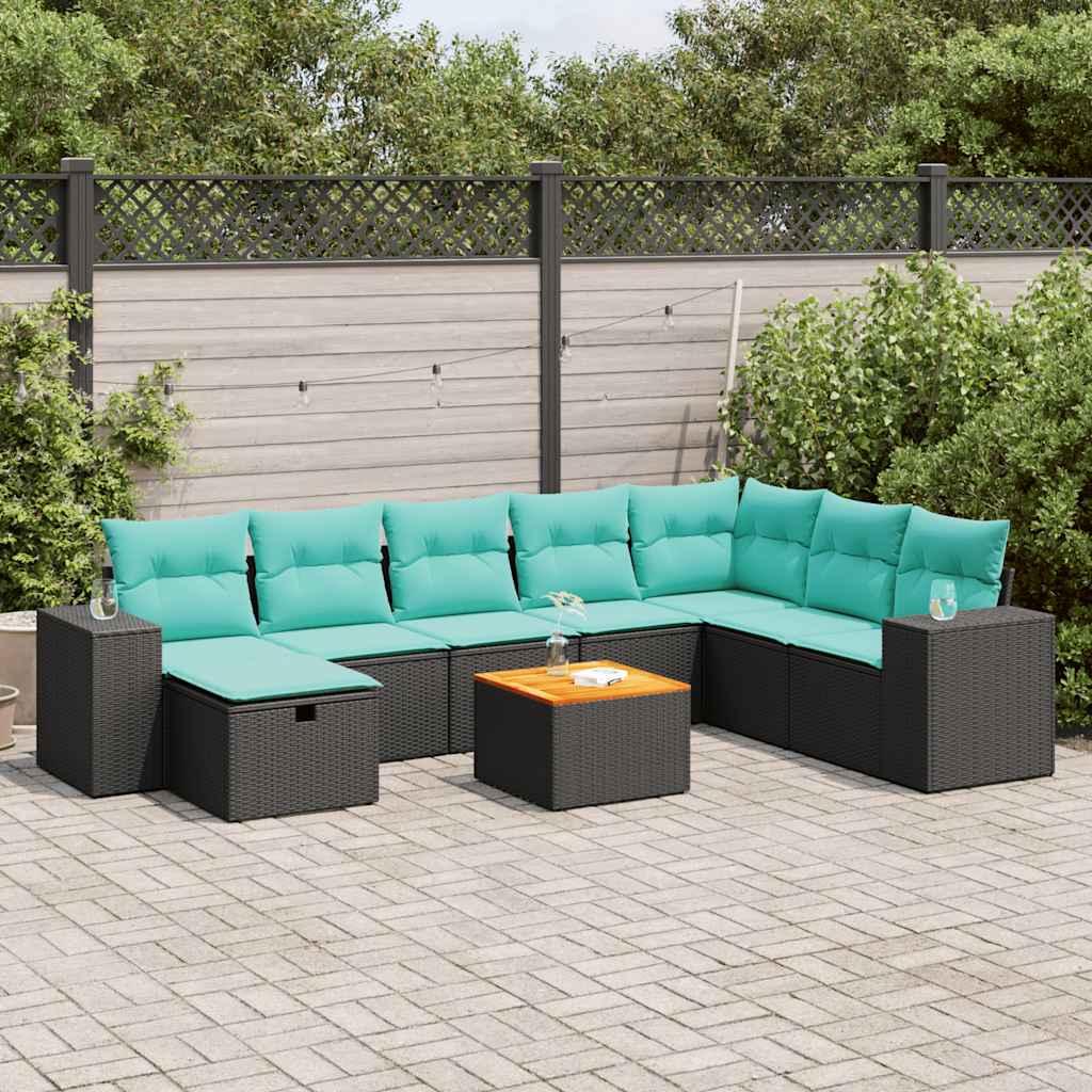 Havesofasæt i polyrattan - 9 dele med blå hynder, sort