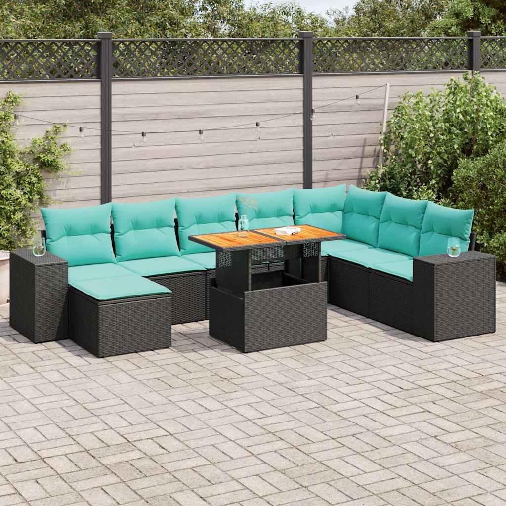 Sofasæt til haven i polyrattan - 9 dele med blå hynder, sort