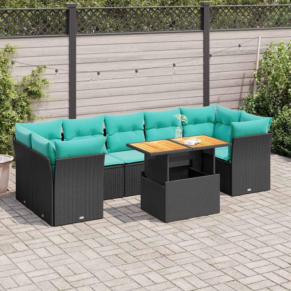 Havesofasæt i polyrattan - 8 dele med hynder, sort/blå