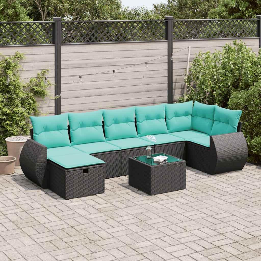 Sofasæt til haven i polyrattan - 8 dele med blå hynder, sort