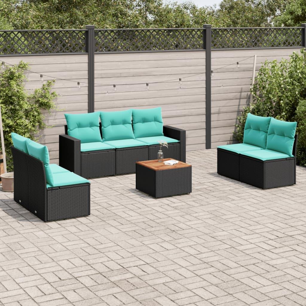 Havesofasæt i polyrattan - 8 dele med hynder, sort/blå