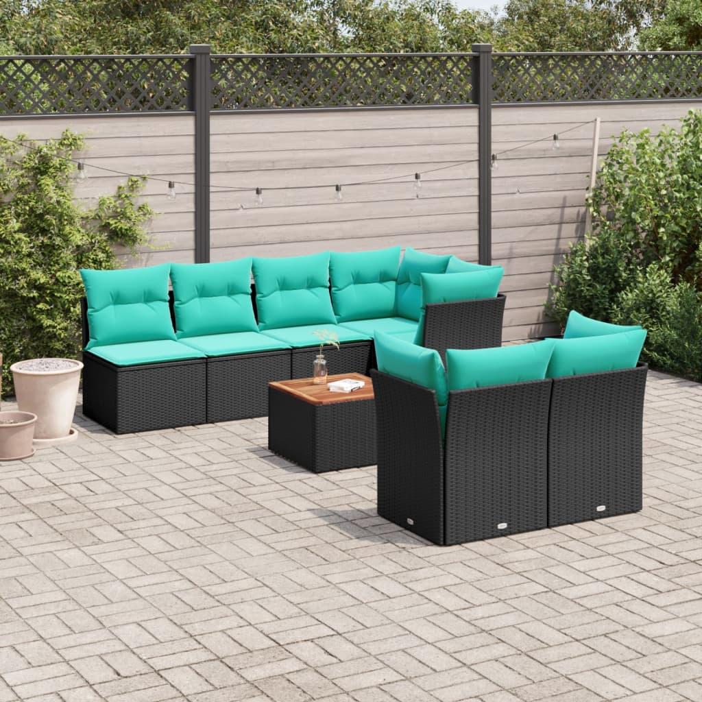 Sofasæt til haven i polyrattan - 8 dele med hynder, sort/blå
