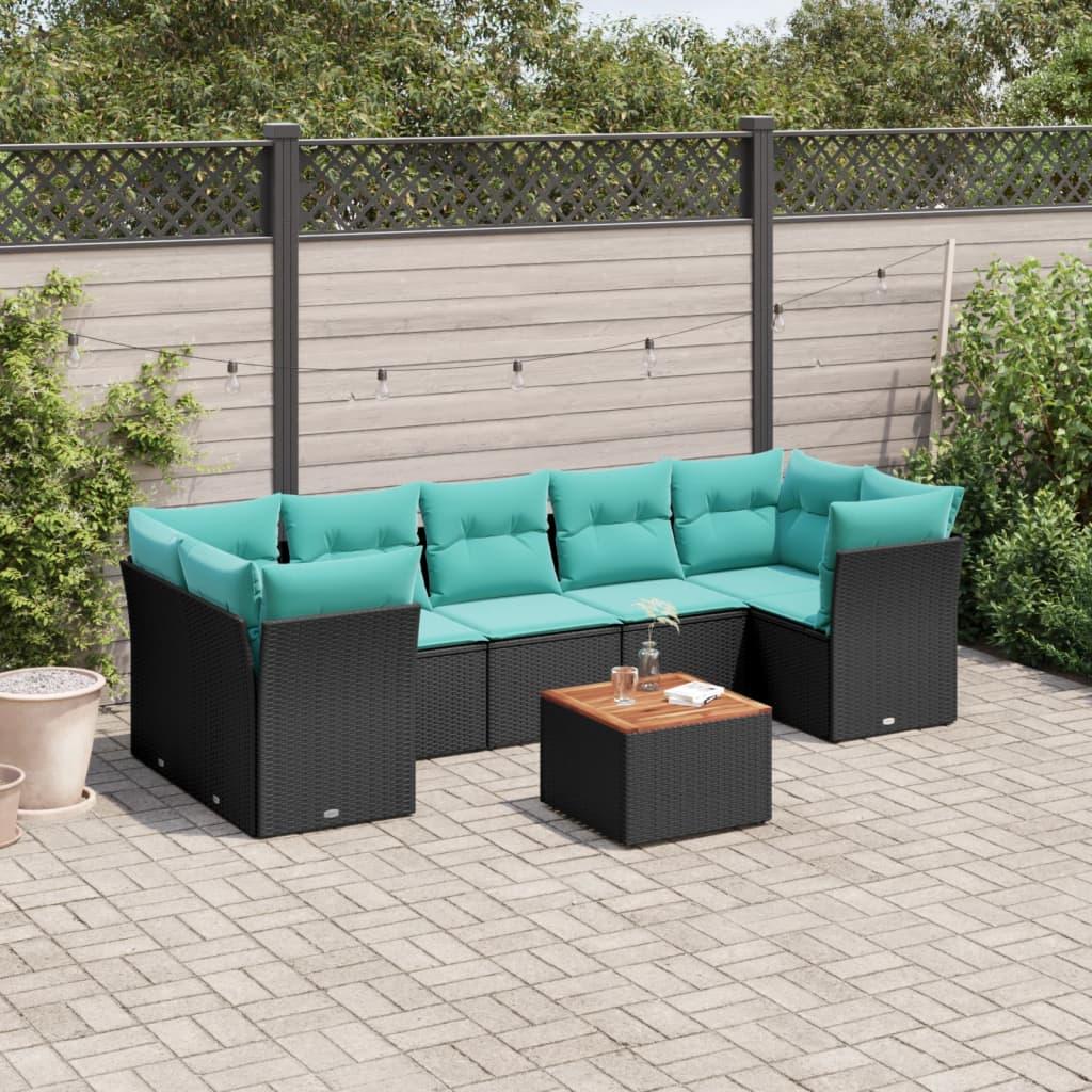 Sofasæt til haven i polyrattan - 8 dele med hynder, sort/blå