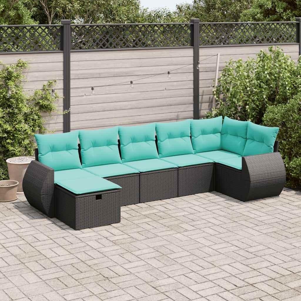 Sofasæt til haven i polyrattan - 7 dele med hynder, sort/blå