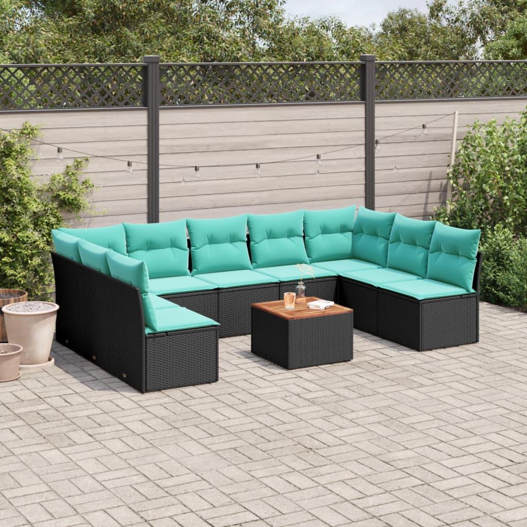 Havesofasæt i polyrattan - 10 dele med hynder og opbevaring, sort/blå