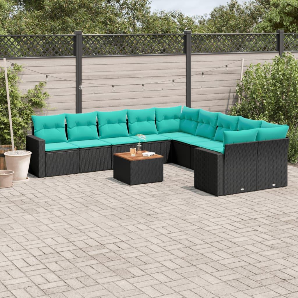 Sofasæt til haven i polyrattan - 11 dele med blå hynder, sort