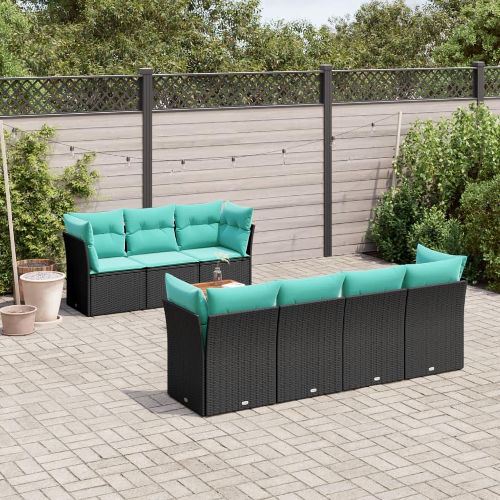 Sofasæt til haven i polyrattan - 8 dele med blå hynder, sort