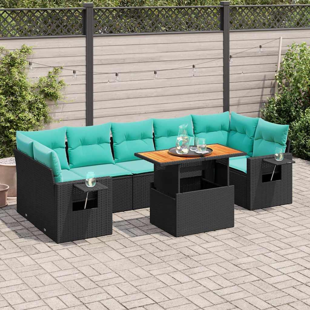 Sofasæt til haven i polyrattan - 8 dele med hynder, sort/blå