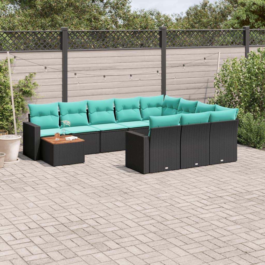 Sofasæt til haven i polyrattan - 11 dele med blå hynder, sort