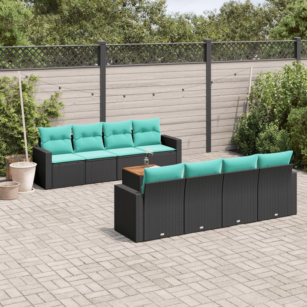 Sofasæt til haven i polyrattan - 9 dele med hynder, sort/blå