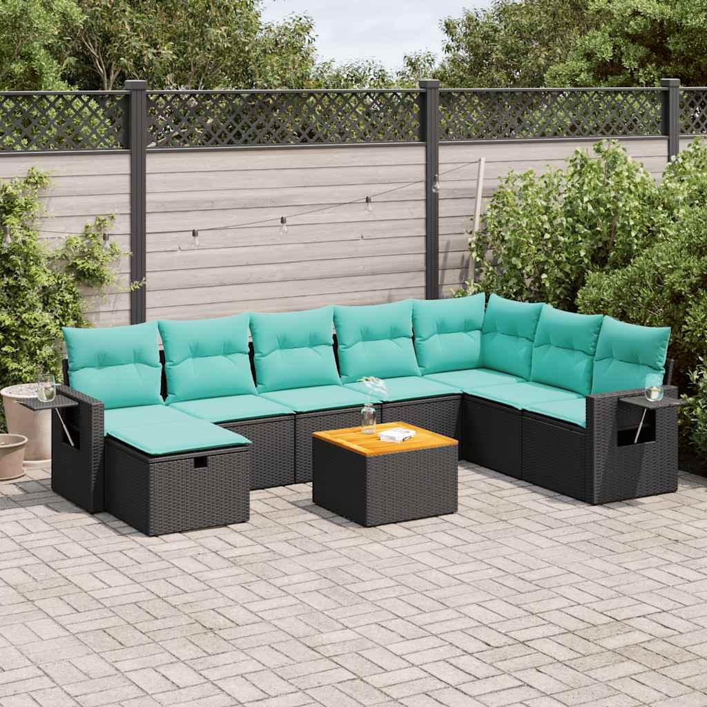 Sofasæt til haven i polyrattan - 9 dele med blå hynder, sort