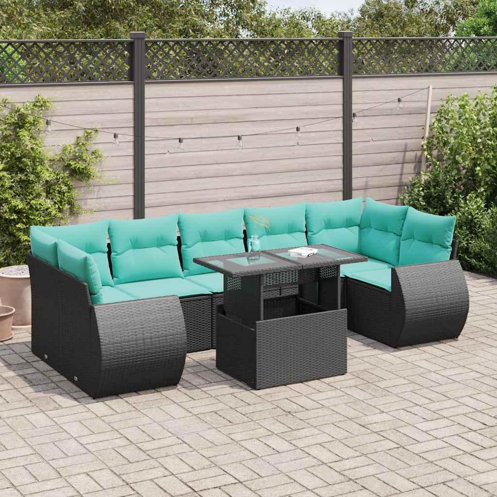 Sofasæt til haven 8 dele med hynder i polyrattan og akacietræ sort/blå