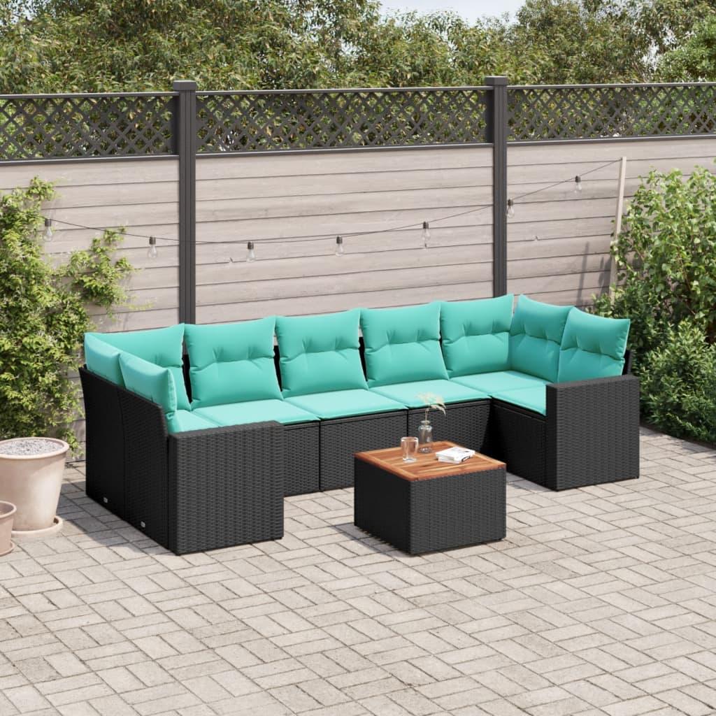 Sofasæt til haven i polyrattan - 8 dele med hynder, sort/blå