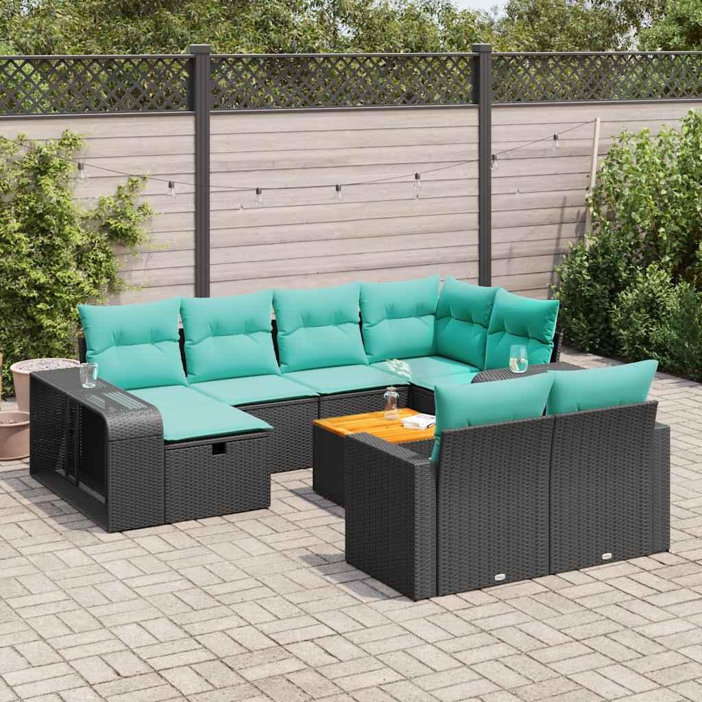 Sofasæt til haven i polyrattan - 11 dele med hynder, sort/blå