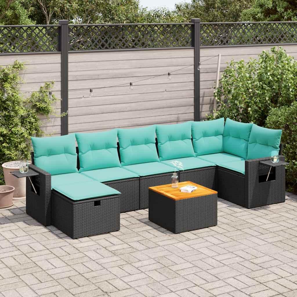 Sofasæt til haven i polyrattan - 8 dele med hynder, sort/blå