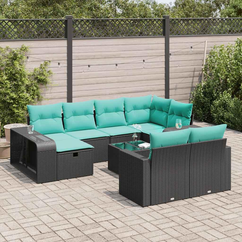 Havesofasæt i polyrattan, 11 dele med blå hynder - sort