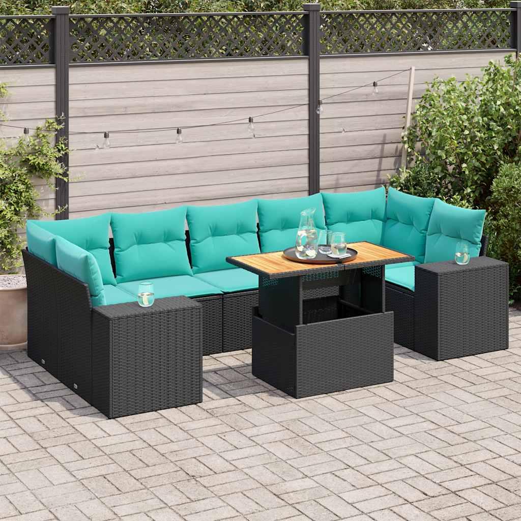 Havesofasæt i polyrattan - 8 dele med hynder, sort/blå