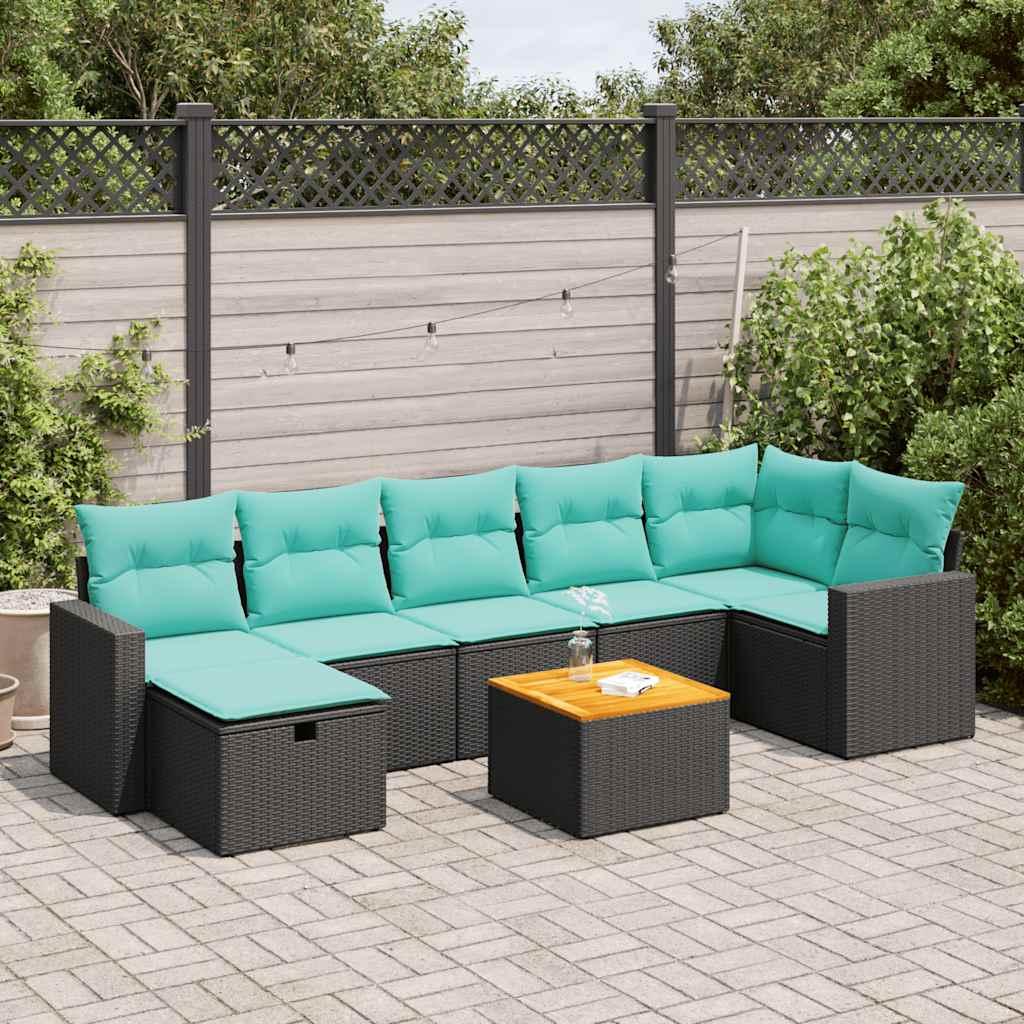 Havesofasæt i polyrattan - 8 dele med hynder, sort/blå