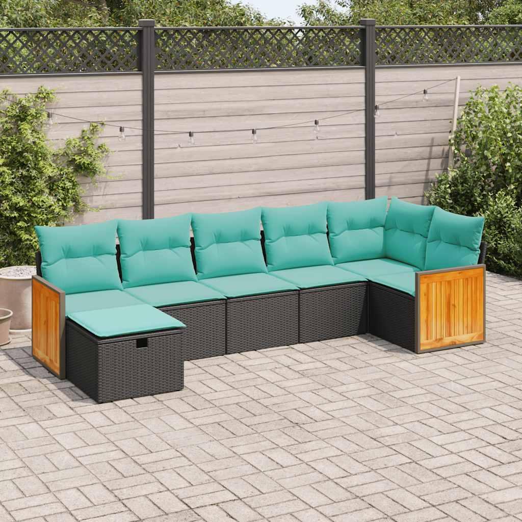 Havesofasæt i polyrattan, 7 dele - sort med blå hynder
