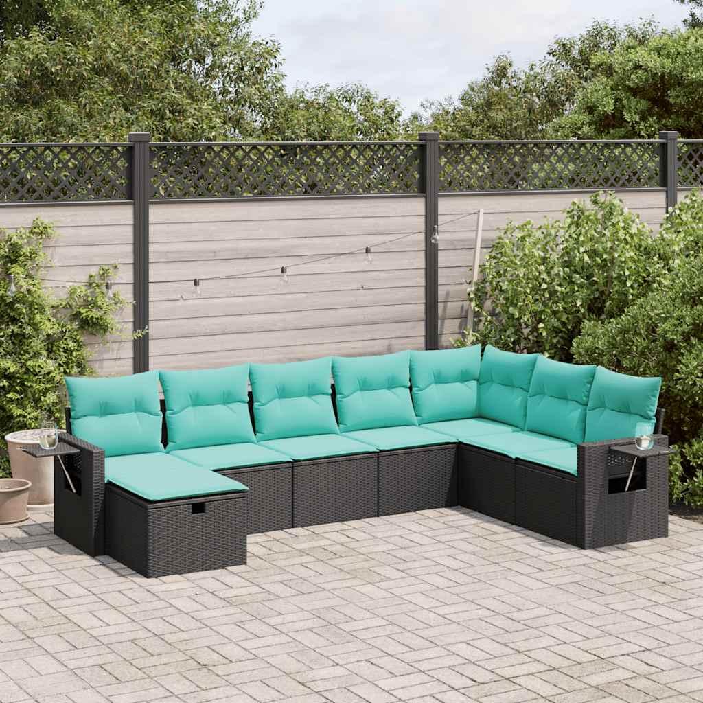 Sofasæt til haven i polyrattan - 8 dele med hynder, sort/blå