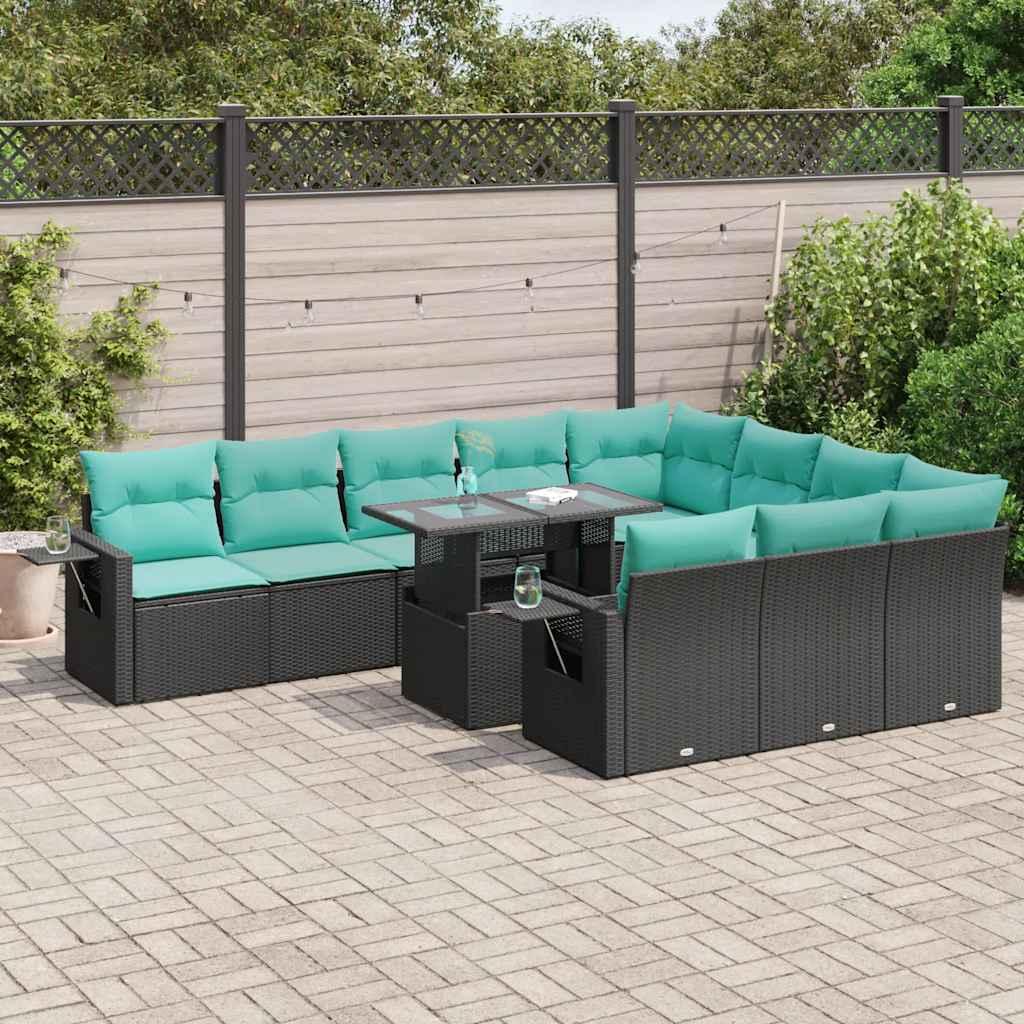 Sofasæt til haven 11 dele med hynder i polyrattan og akacietræ sort/blå