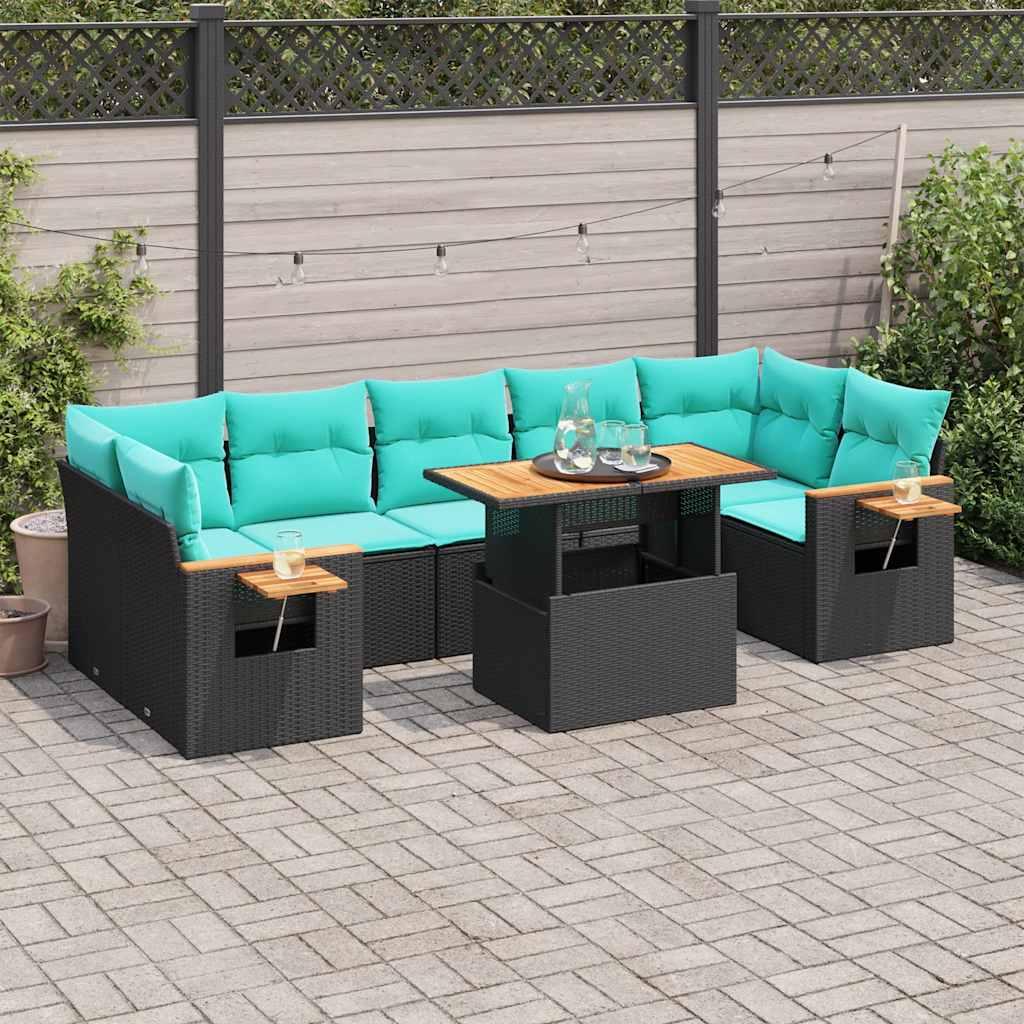 Havesofasæt i polyrattan - 8 dele med blå hynder, sort