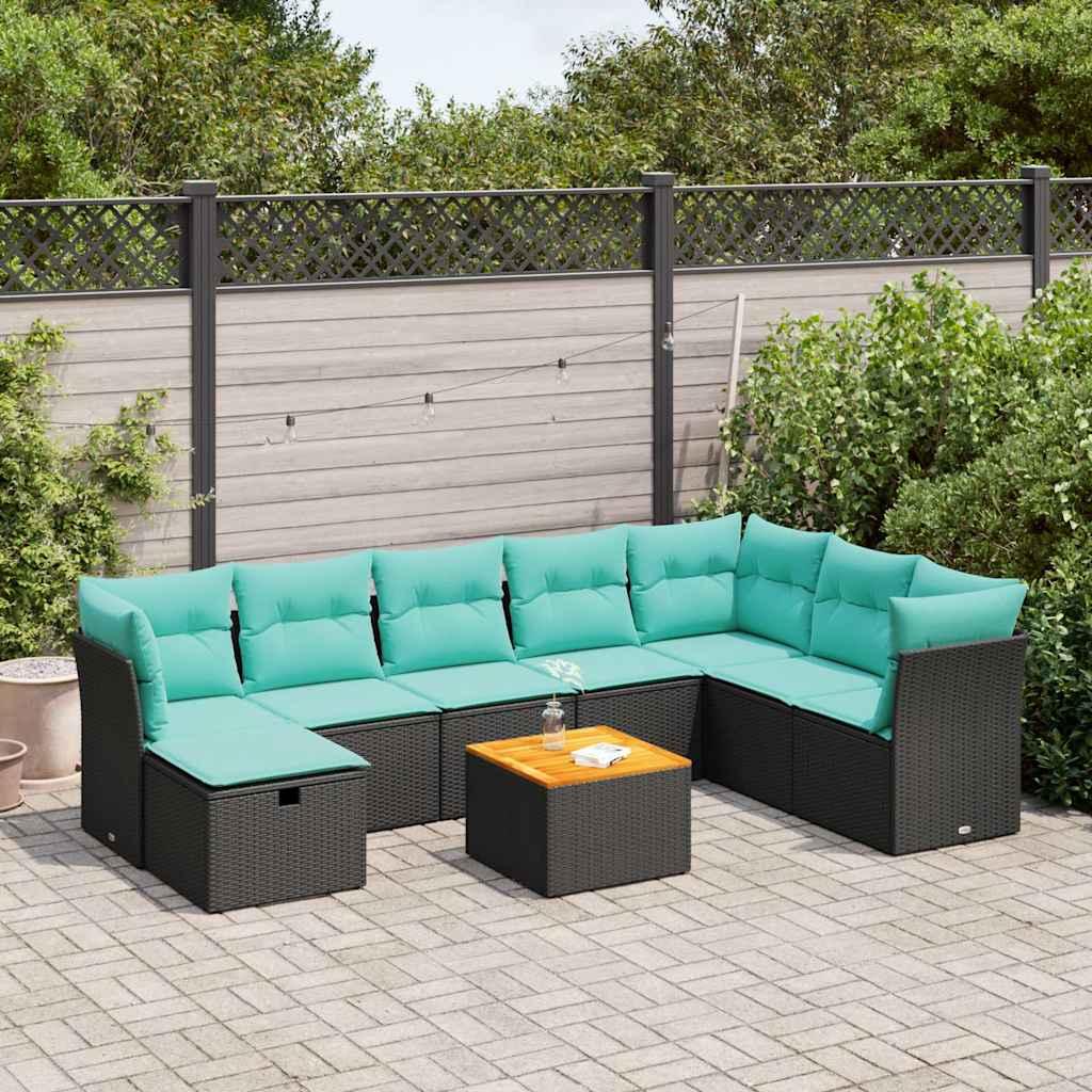 Sofasæt til haven i polyrattan - 9 dele med hynder, sort