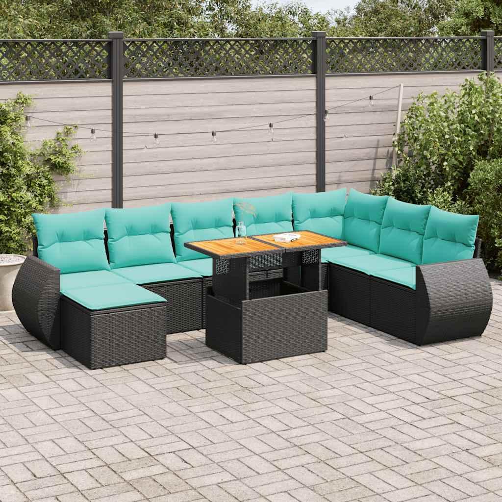 Havesofasæt i polyrattan - 9 dele med opbevaring og blå hynder, sort