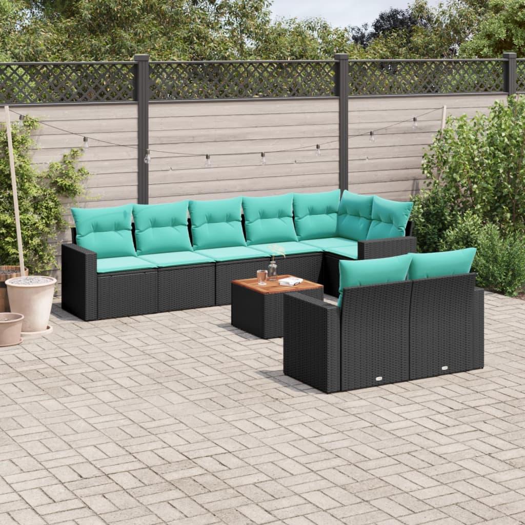 Havesofasæt i polyrattan - 9 dele med blå hynder, sort