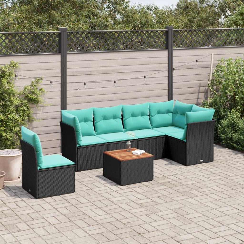 Havesofasæt i polyrattan - 7 dele med opbevaring, sort/blå hynder