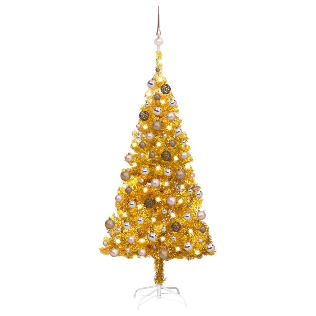 Kunstigt juletræ med lys og kuglesæt 120 cm PET guldfarvet