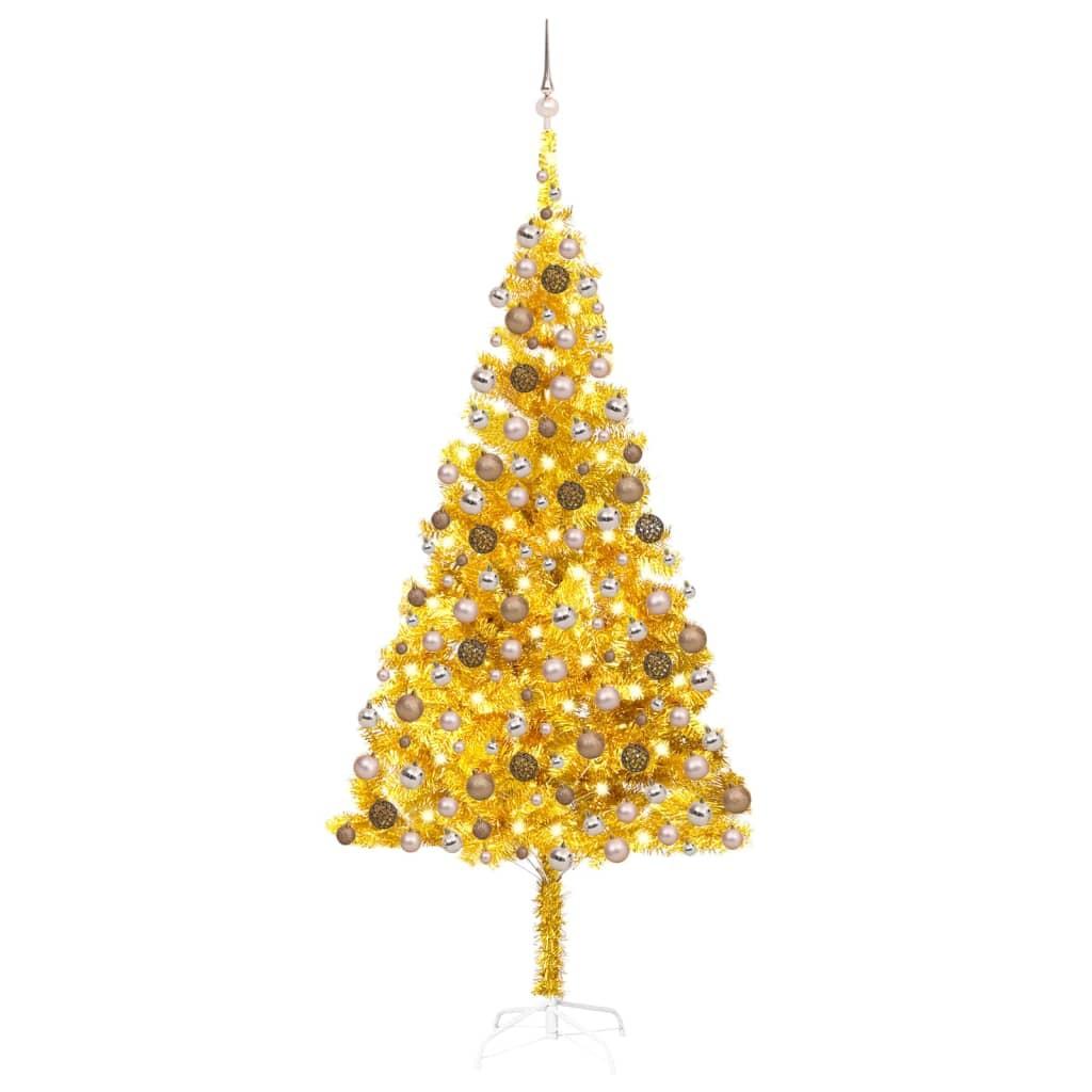 Billede af Kunstigt juletræ med lys og kuglesæt 210 cm PET guldfarvet