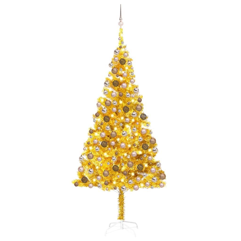 Kunstigt juletræ med lys og kuglesæt 240 cm PET guldfarvet