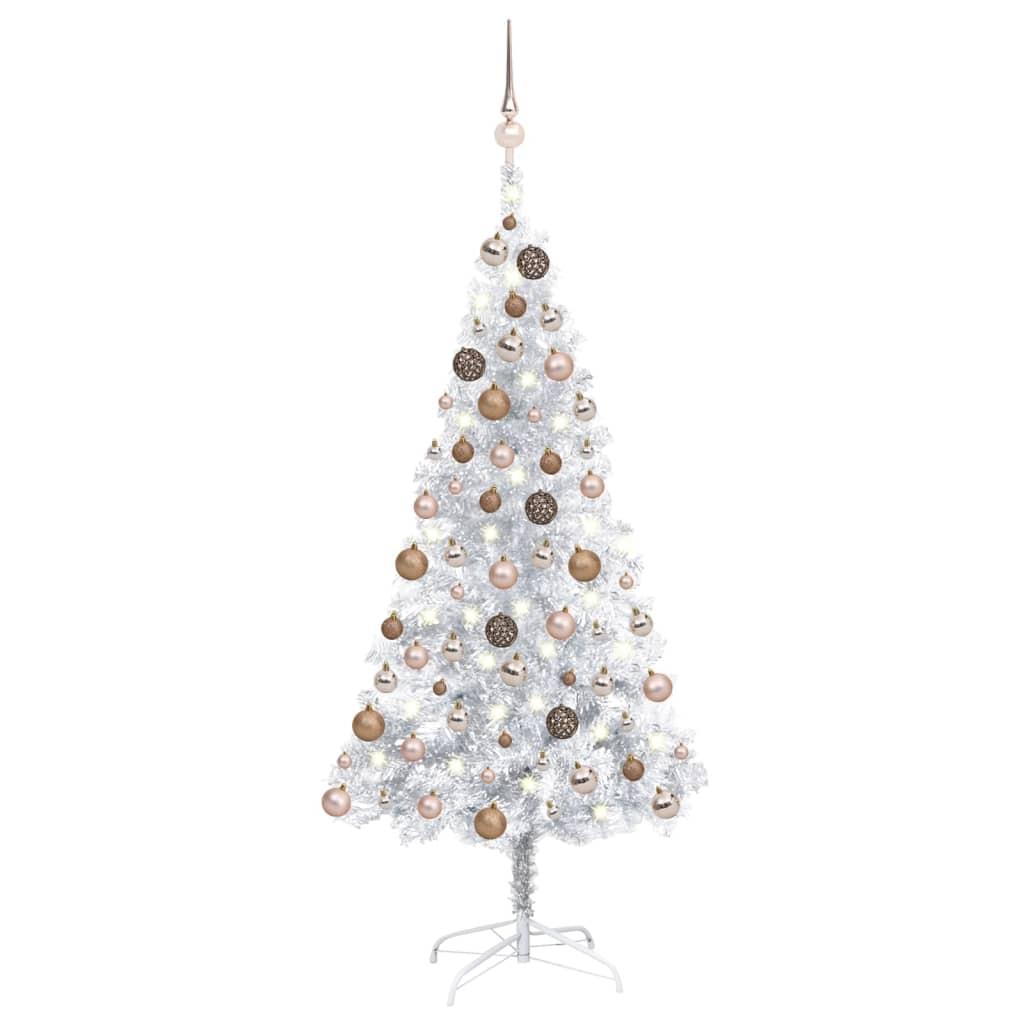 Kunstigt juletræ med lys og kuglesæt 150 cm PET sølvfarvet