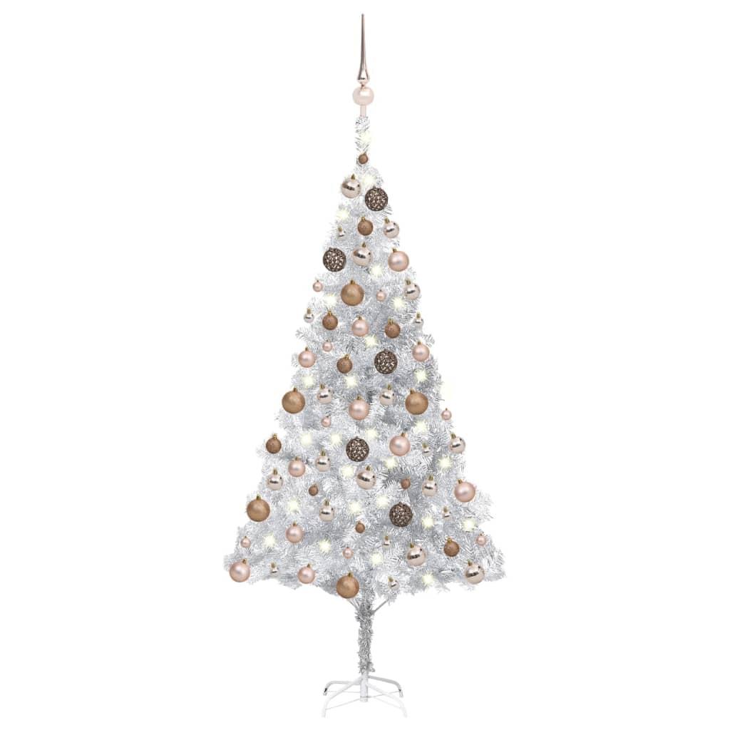 Kunstigt juletræ med lys og kuglesæt 180 cm PET sølvfarvet