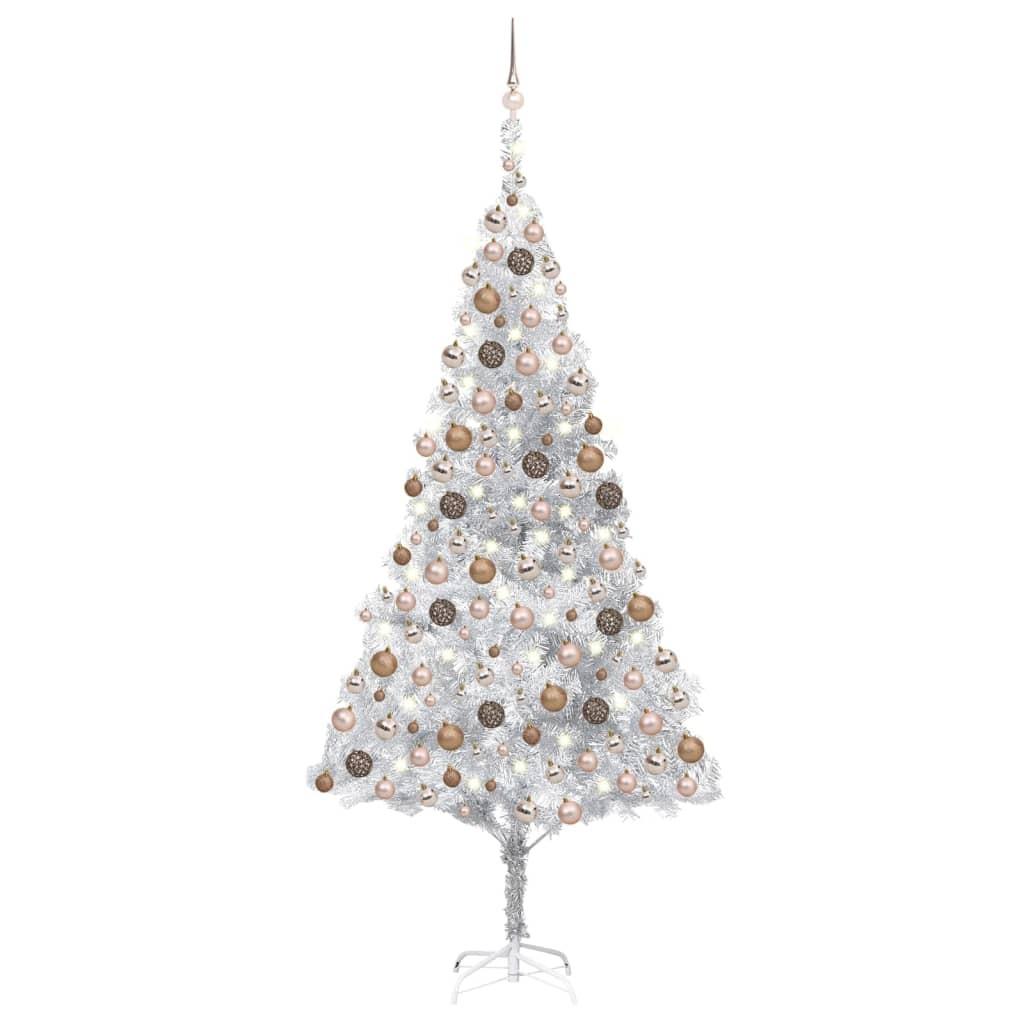 Kunstigt juletræ med lys og kuglesæt 210 cm PET sølvfarvet