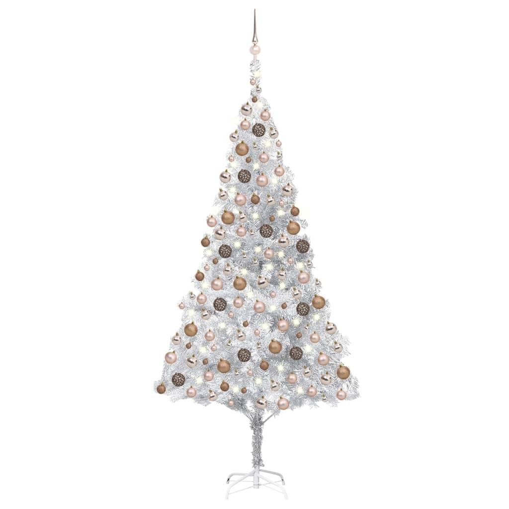 Kunstigt juletræ med lys og kuglesæt 240 cm PET sølvfarvet